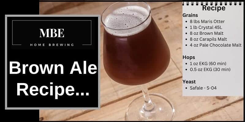 A brown ale on a table next to a brown ale recipe.